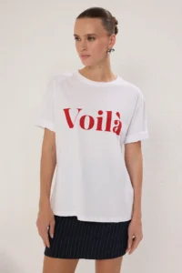 TRENDYOLMİLLA Ecru 100% Cotton Slogan Printed Oversized/Wide Cut Knitting T-Shirt - Image 2