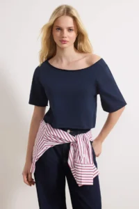 TRENDYOLMİLLA Navy Blue-Gray Melange 2 Sets Package 100% Cotton Asymmetric Boat Neck Crop Knitting T-Shirt - Image 2