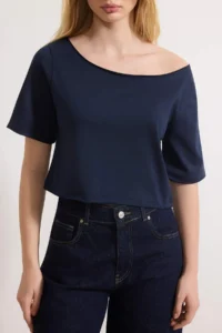 TRENDYOLMİLLA Navy Blue-Gray Melange 2 Sets Package 100% Cotton Asymmetric Boat Neck Crop Knitting T-Shirt - Image 3