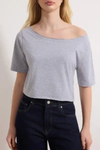 TRENDYOLMİLLA Navy Blue-Gray Melange 2 Sets Package 100% Cotton Asymmetric Boat Neck Crop Knitting T-Shirt - Image 6