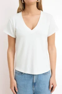 TRENDYOLMİLLA Ecru V-neck Regular/Normal Pattern Knitting T-Shirt - Image 3