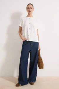 TRENDYOLMİLLA Ecru Regular/Normal Pattern Drop Sleeve Short Sleeve Embroidered Tok 100% Cotton Knitting Blouse - Image 2