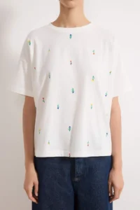 TRENDYOLMİLLA Ecru Regular/Normal Pattern Drop Sleeve Short Sleeve Embroidered Tok 100% Cotton Knitting Blouse - Image 3