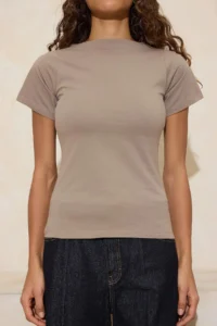 TRENDYOLMİLLA Mink relaxed/Rahat Pattern Boat Neck Short Sleeve 100% Cotton Knitting T-Shirt - Image 3
