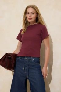 TRENDYOLMİLLA Burgundy relaxed/Rahat Pattern Boat Neck Short Sleeve 100% Cotton Knitting T-Shirt - Image 2