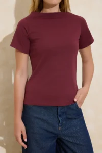 TRENDYOLMİLLA Burgundy relaxed/Rahat Pattern Boat Neck Short Sleeve 100% Cotton Knitting T-Shirt - Image 3