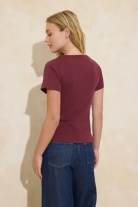 TRENDYOLMİLLA Burgundy relaxed/Rahat Pattern Boat Neck Short Sleeve 100% Cotton Knitting T-Shirt - Image 4