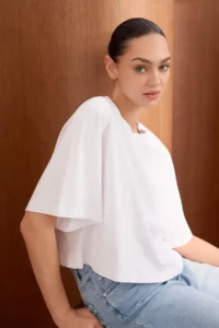 TRENDYOLMİLLA Wardrobe Essentials-Ecru Comfortable Pattern Short Sleeve Crop 100% Cotton Knitting T-Shirt - Image 2