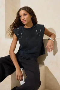 TRENDYOLMİLLA Anthracite relaxed/Rahat Pattern Drop Sleeve Sleeveless padded Soild 100% Cotton Knitting T-Shirt
