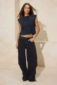 TRENDYOLMİLLA Anthracite relaxed/Rahat Pattern Drop Sleeve Sleeveless padded Soild 100% Cotton Knitting T-Shirt - Image 2