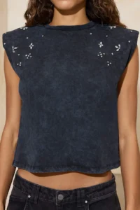 TRENDYOLMİLLA Anthracite relaxed/Rahat Pattern Drop Sleeve Sleeveless padded Soild 100% Cotton Knitting T-Shirt - Image 3