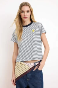 TRENDYOLMİLLA Navy Blue Striped Regular/Normal Pattern Embroidered Soild 100% Cotton Knitting T-Shirt