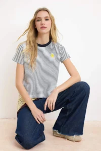 TRENDYOLMİLLA Navy Blue Striped Regular/Normal Pattern Embroidered Soild 100% Cotton Knitting T-Shirt - Image 2