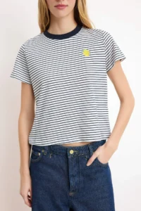 TRENDYOLMİLLA Navy Blue Striped Regular/Normal Pattern Embroidered Soild 100% Cotton Knitting T-Shirt - Image 3