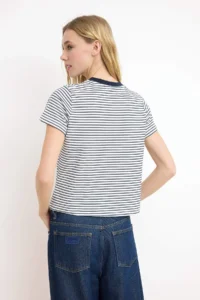 TRENDYOLMİLLA Navy Blue Striped Regular/Normal Pattern Embroidered Soild 100% Cotton Knitting T-Shirt - Image 4