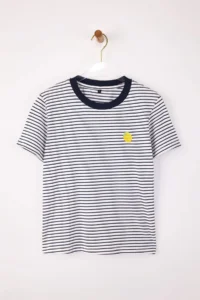 TRENDYOLMİLLA Navy Blue Striped Regular/Normal Pattern Embroidered Soild 100% Cotton Knitting T-Shirt - Image 5