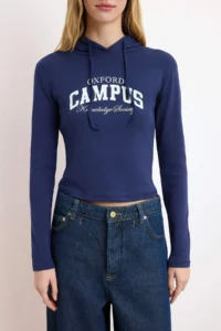 TRENDYOLMİLLA Navy Blue Slogan Fitted Hooded Long Sleeve Cotton Rib Knitting T-Shirt - Image 3