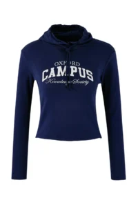 TRENDYOLMİLLA Navy Blue Slogan Fitted Hooded Long Sleeve Cotton Rib Knitting T-Shirt - Image 5