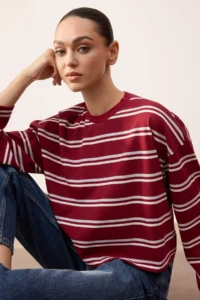 TRENDYOLMİLLA Wardrobe Essentials-Burgundy Striped relaxed/Rahat Pattern Knitting T-Shirt