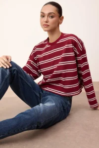 TRENDYOLMİLLA Wardrobe Essentials-Burgundy Striped relaxed/Rahat Pattern Knitting T-Shirt - Image 2