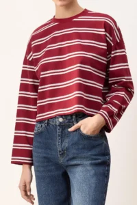 TRENDYOLMİLLA Wardrobe Essentials-Burgundy Striped relaxed/Rahat Pattern Knitting T-Shirt - Image 3