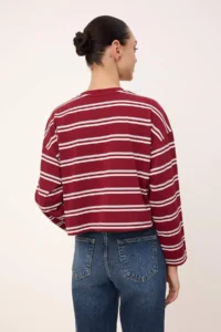 TRENDYOLMİLLA Wardrobe Essentials-Burgundy Striped relaxed/Rahat Pattern Knitting T-Shirt - Image 4