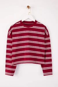 TRENDYOLMİLLA Wardrobe Essentials-Burgundy Striped relaxed/Rahat Pattern Knitting T-Shirt - Image 5