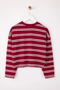 TRENDYOLMİLLA Wardrobe Essentials-Burgundy Striped relaxed/Rahat Pattern Knitting T-Shirt - Image 6