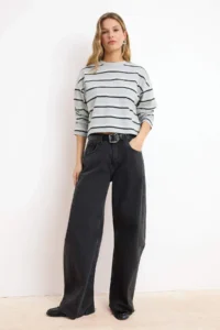 TRENDYOLMİLLA Gray Striped relaxed/Rahat Pattern Drop Sleeve Long Sleeve Soild 100% Cotton Knitting T-Shirt - Image 2