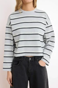 TRENDYOLMİLLA Gray Striped relaxed/Rahat Pattern Drop Sleeve Long Sleeve Soild 100% Cotton Knitting T-Shirt - Image 3