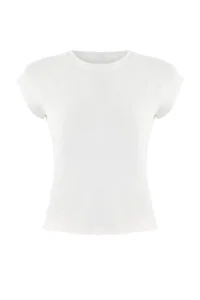TRENDYOLMİLLA Teen Ecru Fitted Raglan Sleeve Short Sleeve Cotton Rib Knitting T-Shirt - Image 5