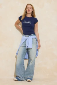 TRENDYOLMİLLA Navy Blue Slogan Fitted Short Sleeve Cotton Rib Knitting T-Shirt - Image 2