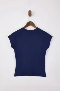 TRENDYOLMİLLA Navy Blue Slogan Fitted Short Sleeve Cotton Rib Knitting T-Shirt - Image 6