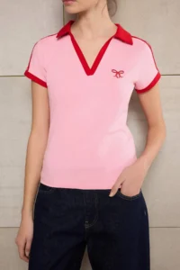 TRENDYOLMİLLA Teen Pink Fitted Polo Shirt Collar Short Sleeve Cotton Flexible Knitting T-Shirt - Image 3