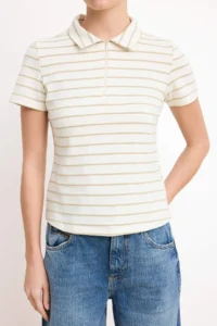 TRENDYOLMİLLA Ecru Striped Normal Pattern Polo Shirt Collar Zippered Crop Soft Knitting Blouse - Image 4