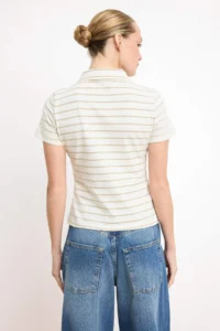 TRENDYOLMİLLA Ecru Striped Normal Pattern Polo Shirt Collar Zippered Crop Soft Knitting Blouse - Image 5