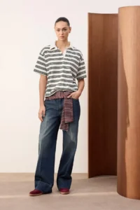 TRENDYOLMİLLA Wardrobe Essentials-Ecru Striped Normal Pattern Short Sleeve Tok 100% Cotton Knitting T-Shirt - Image 2