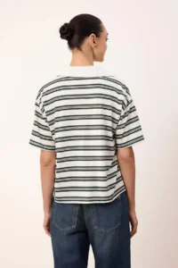 TRENDYOLMİLLA Wardrobe Essentials-Ecru Striped Normal Pattern Short Sleeve Tok 100% Cotton Knitting T-Shirt - Image 4