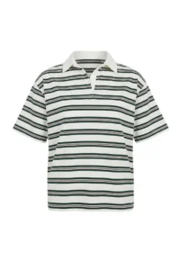 TRENDYOLMİLLA Wardrobe Essentials-Ecru Striped Normal Pattern Short Sleeve Tok 100% Cotton Knitting T-Shirt - Image 5