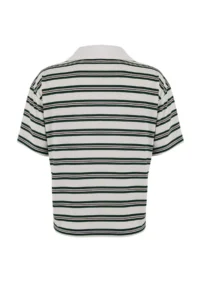TRENDYOLMİLLA Wardrobe Essentials-Ecru Striped Normal Pattern Short Sleeve Tok 100% Cotton Knitting T-Shirt - Image 6