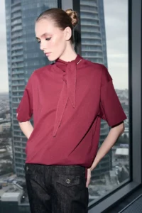 TRENDYOLMİLLA Burgundy Oversized/Wide Pattern Drop Sleeve Short Sleeve LONG Soild 100% Cotton Knitting T-Shirt