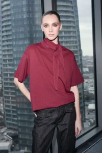 TRENDYOLMİLLA Burgundy Oversized/Wide Pattern Drop Sleeve Short Sleeve LONG Soild 100% Cotton Knitting T-Shirt - Image 2