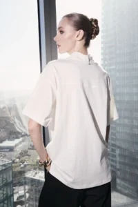 TRENDYOLMİLLA Ecru Oversized/Wide Pattern Drop Sleeve Short Sleeve LONG Tok 100% Cotton Knitting T-Shirt - Image 4
