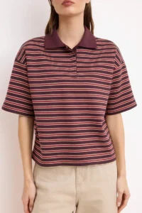 TRENDYOLMİLLA Burgundy Striped Oversized Pattern Polo Shirt Collar Weaving Detailed Soild interlock Knitting T-Shirt - Image 3