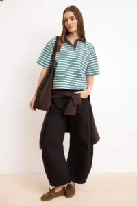 TRENDYOLMİLLA Green Striped Oversized Pattern Polo Shirt Collar Weaving Detailed Soild interlock Knitting T-Shirt - Image 2
