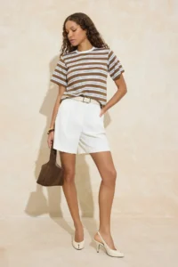 TRENDYOLMİLLA Mavi Striped Regular/Normal Pattern Short Sleeve Soild 100% Cotton padded Knitting T-Shirt - Image 2