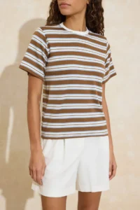 TRENDYOLMİLLA Mavi Striped Regular/Normal Pattern Short Sleeve Soild 100% Cotton padded Knitting T-Shirt - Image 3