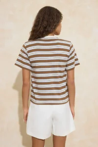 TRENDYOLMİLLA Mavi Striped Regular/Normal Pattern Short Sleeve Soild 100% Cotton padded Knitting T-Shirt - Image 4