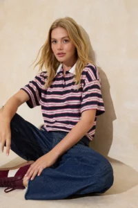 TRENDYOLMİLLA Navy Blue Striped Regular/Normal Pattern Polo Shirt Collar Tok Cotton Knitting T-Shirt