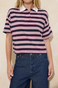 TRENDYOLMİLLA Navy Blue Striped Regular/Normal Pattern Polo Shirt Collar Tok Cotton Knitting T-Shirt - Image 3